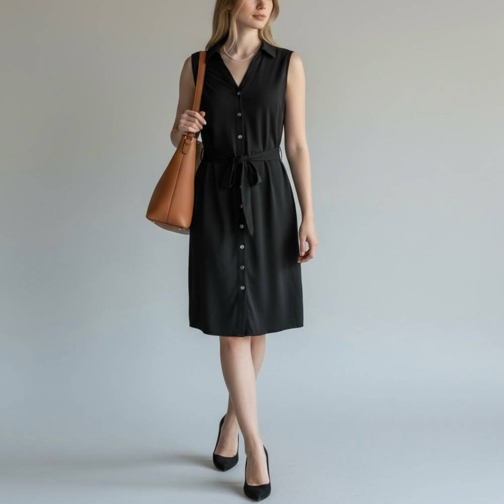 Philosophy Black Snap Front Belted Knee Length Dress Size Medium